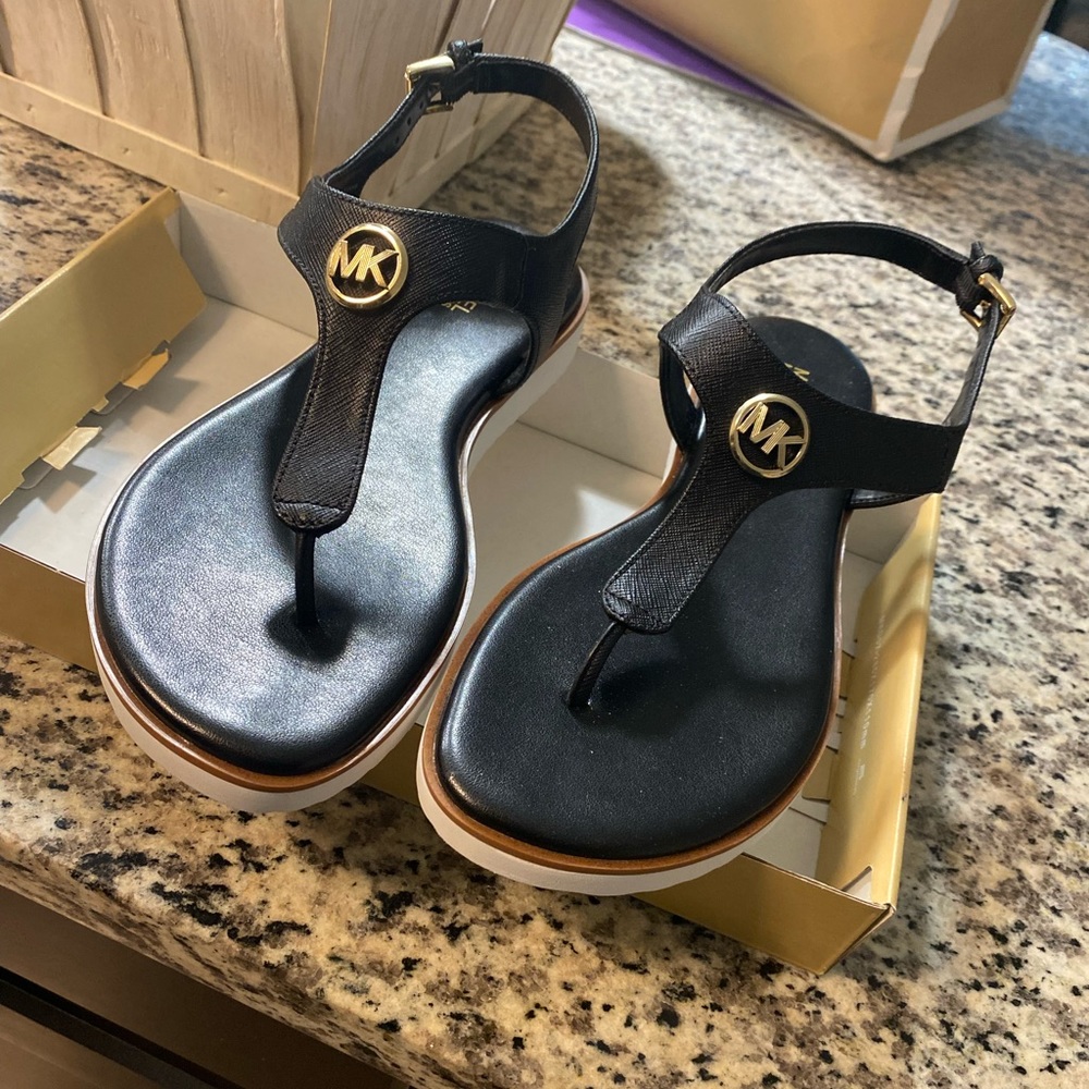 Michael Kors Sandals, Size 7, Black with gold emblem